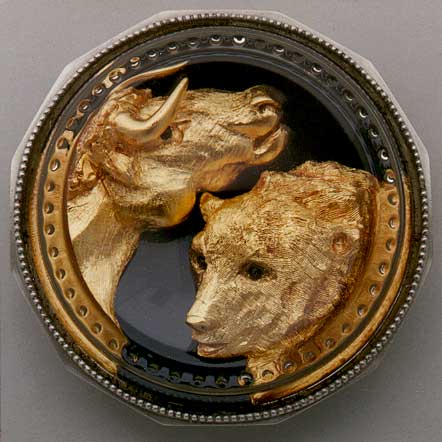 GOLD BULL AND BEAR PAPERWEIGHT - Click Image to Close
